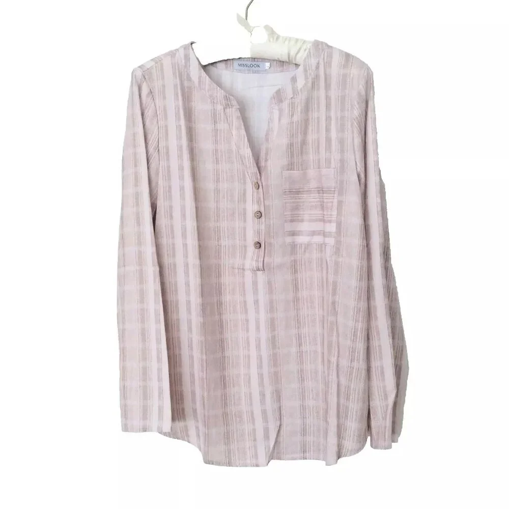 Misslook Beige Striped Cotton Blouse Tunic Top Size Large NWOT - Picture 4 of 8